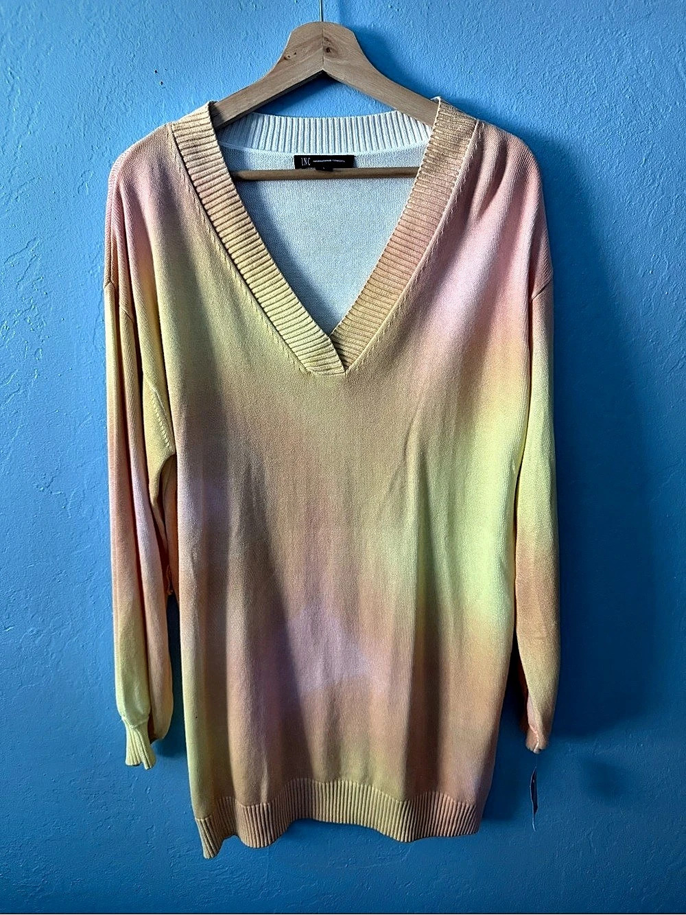 INC International Concepts Women's V-Neck Sweater Pink & Yellow Large NWT